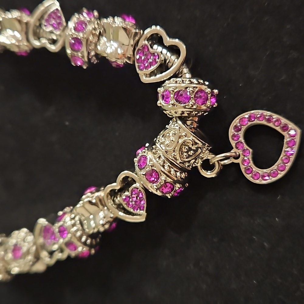 Birthstone bracelet silver tone with charms amethyst dark pink February October - Picture 8 of 10